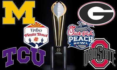 logos for TCU, Ohio State, Michigan, Georgia, the Peach Bowl, and the Fiesta Bowl in front of the CFP trophy