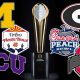 logos for TCU, Ohio State, Michigan, Georgia, the Peach Bowl, and the Fiesta Bowl in front of the CFP trophy