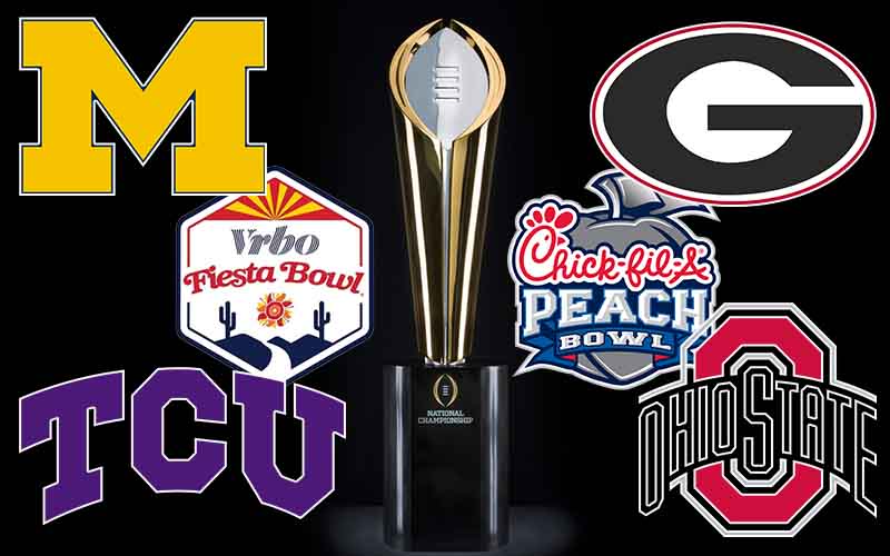 logo untuk TCU, Ohio State, Michigan, Georgia, Peach Bowl, dan Fiesta Bowl di depan piala CFP