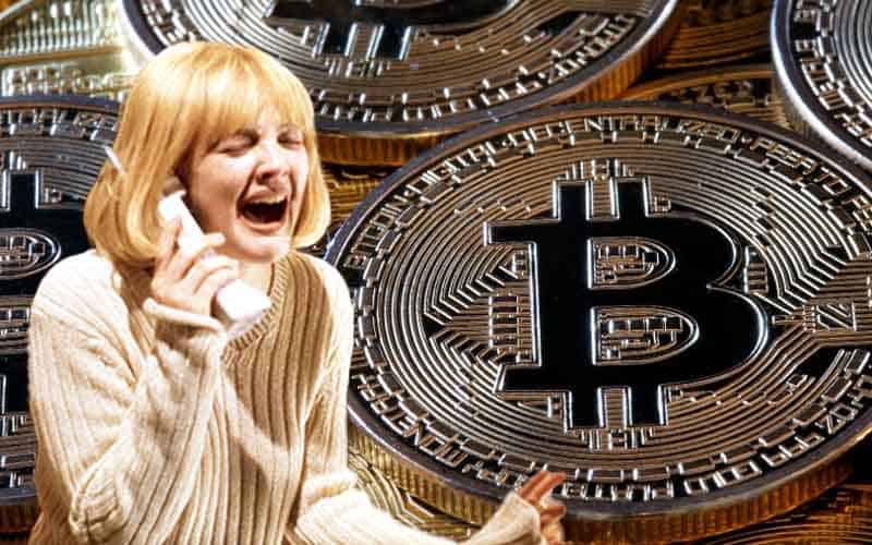 Drew Barrymore screaming on the phone over Bitcoin fears