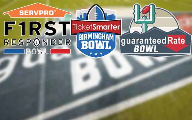 logos for betting on the Birmingham Bowl, First Responders Bowl, and Guaranteed Rate Bowl