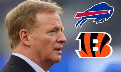 NFL Commissioner Roger Goodell and logos for the Cincinnati Bengals and Buffalo Bills