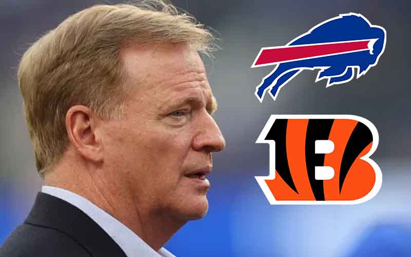 NFL Commissioner Roger Goodell and logos for the Cincinnati Bengals and Buffalo Bills