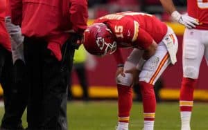 Kansas City Chiefs QB Patrick Mahomes after injuring his ankle against the Bills