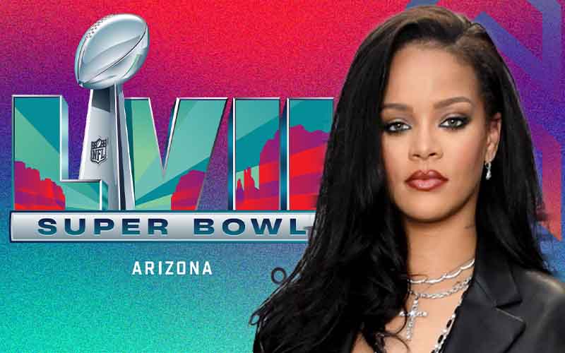 Rihanna in front of a logo for Super Bowl LVII Arizona