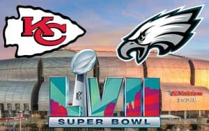 Kansas City Chiefs Philadelphia Eagles Super Bowl LVII Logos over State Farm Stadium