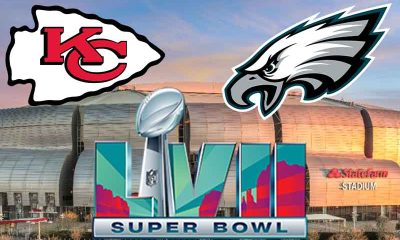 Kansas City Chiefs Philadelphia Eagles Super Bowl LVII Logos over State Farm Stadium