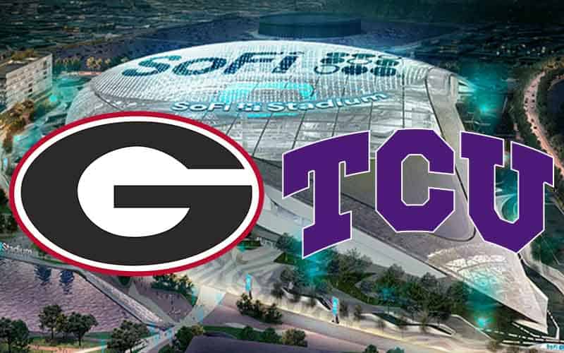 SoFi Stadium with logos for the University of Georgia and Texas Christian University