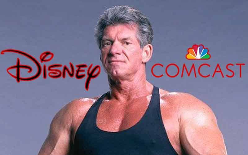 WWE owner Vince McMahon between logos of Disney and Comcast