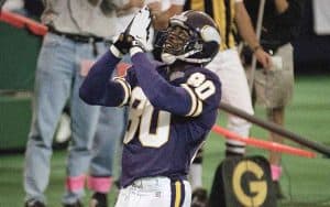 Chris Carter of the Minnesota Vikings praying after a touchdown catch