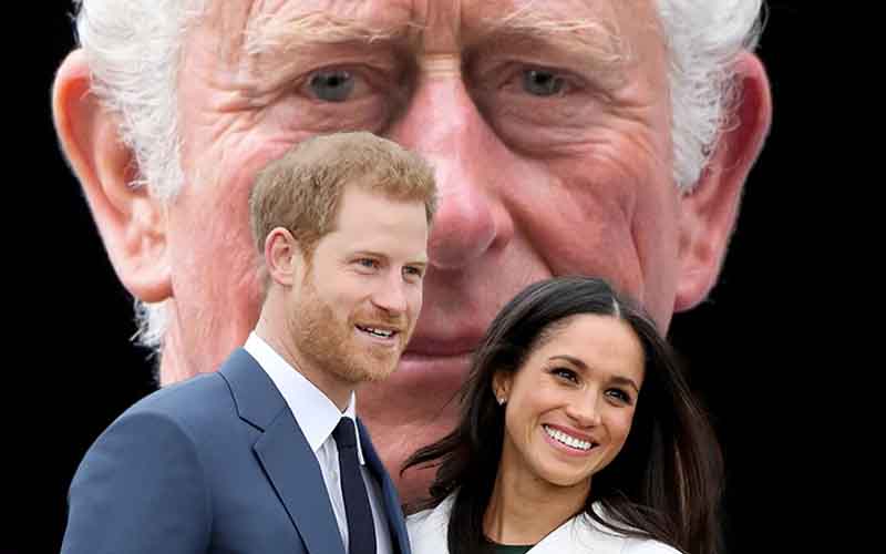 Prince Harry and Meghan with King Charles looming large behind