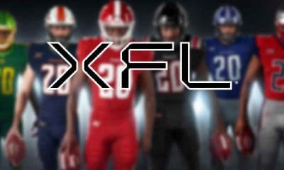 XFL logo over players from all 8 teams
