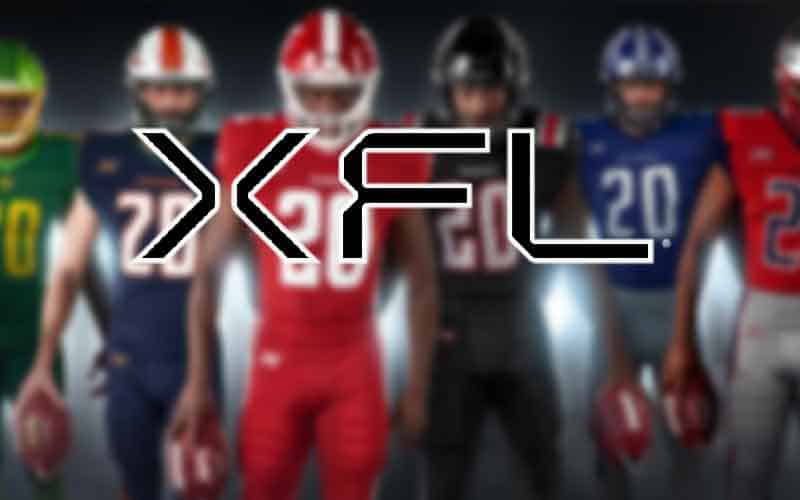 XFL logo over players from all 8 teams