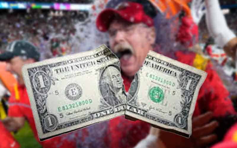 a torn one dollar bill in front of Andy Reid getting a cooler dumped on him after Super Bowl LVII
