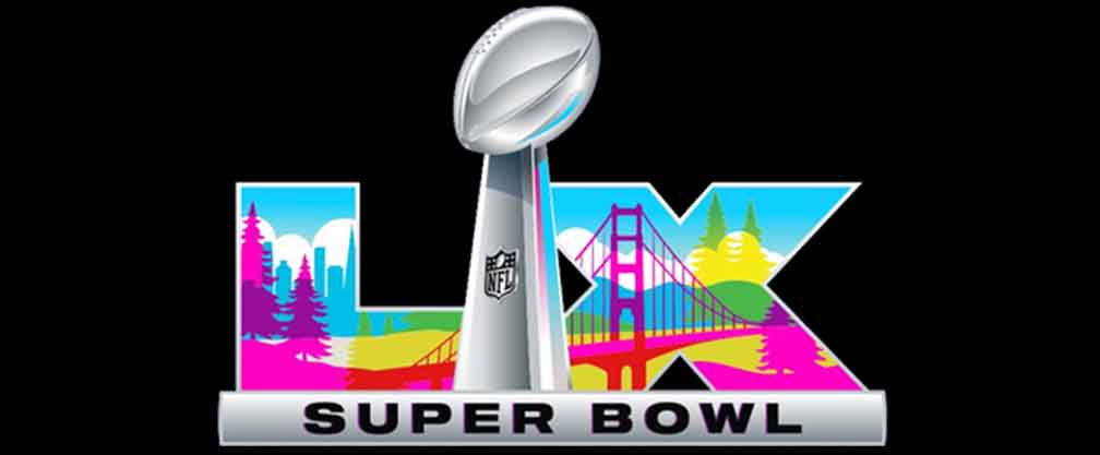 Super Bowl LX logo over a black background