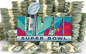 A Super Bowl LVII logo over a stacks of cash