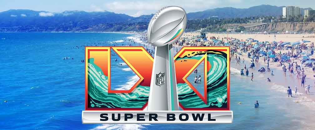 a Super Bowl LXI logo above a beach near Inglewood, CA