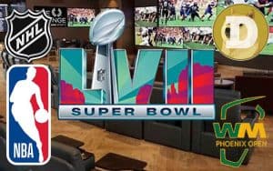 a sportsbook with logos for the NBA, NHL, Phoenix Open, Dogecoin, and Super Bowl LVII