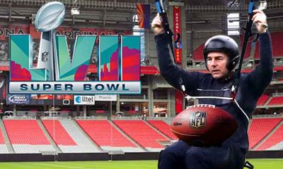 Tom Cruise parachuting into Super Bowl 57