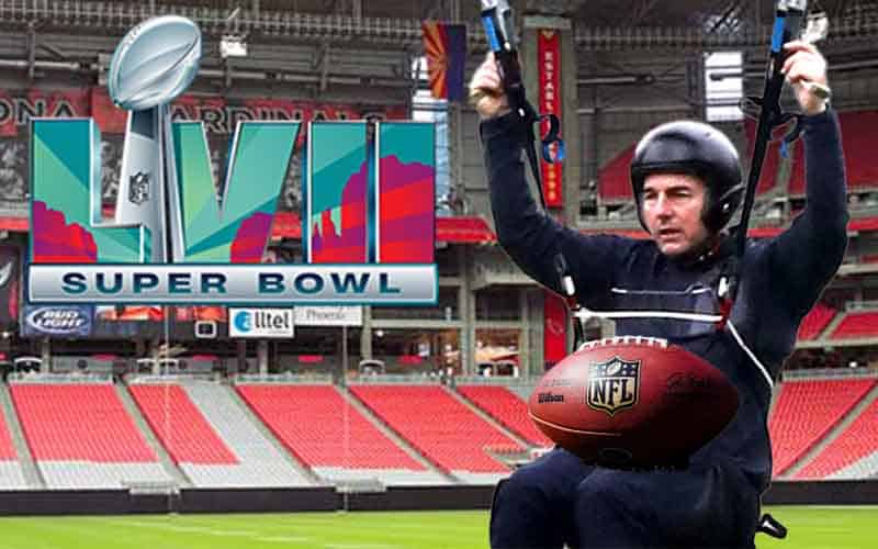 Tom Cruise parachuting into Super Bowl 57