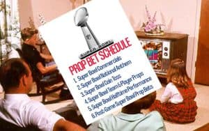 a family watching Super Bowl 57 with a prop bet schedule