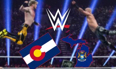 WWE logo above Colorado state flag and map of Michigan in front of a wrestling match