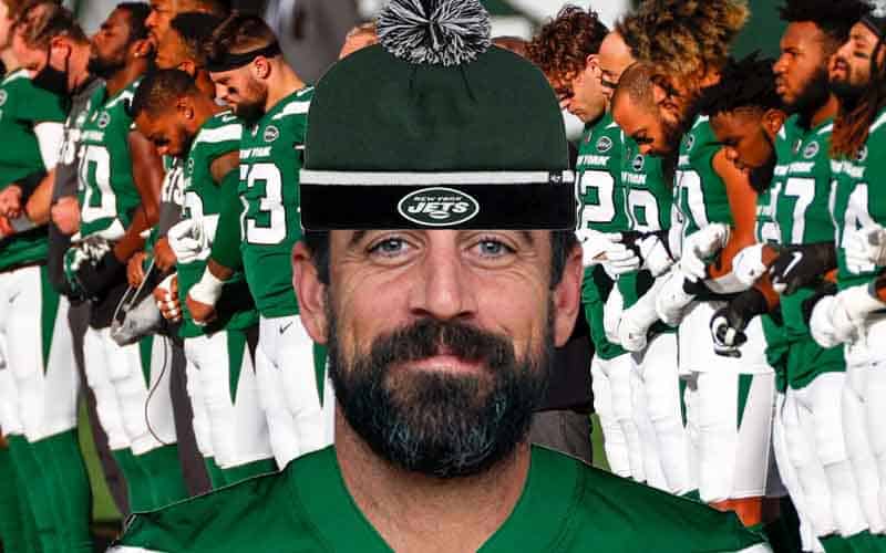 Aaron Rodgers in a Jets uniform