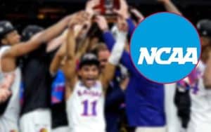 Kansas basketball team celebrating with NCAA Basketball logo