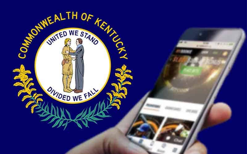 Kentucky state flag with a mobile sports betting app being used in front of it