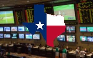 State flag colored map of Texas hovering over an active sportsbook