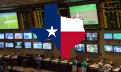 State flag colored map of Texas hovering over an active sportsbook