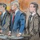 an artist's rendering of Donald Trump being arraigned