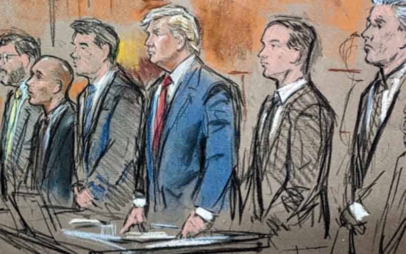 an artist's rendering of Donald Trump being arraigned