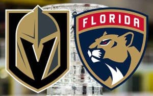 Florida Panthers and Vegas Golden Knights logos in front of the Stanley Cup Trophy