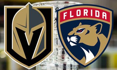 Florida Panthers and Vegas Golden Knights logos in front of the Stanley Cup Trophy