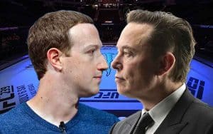 Mark Zuckerberg and Elon Musk standing nose to nose in front of a UFC Octagon