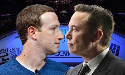 Mark Zuckerberg and Elon Musk standing nose to nose in front of a UFC Octagon