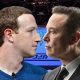 Mark Zuckerberg and Elon Musk standing nose to nose in front of a UFC Octagon