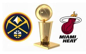 logos for the Denver Nuggets and Miami Heat next to a NBA Championship Trophy