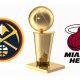 logos for the Denver Nuggets and Miami Heat next to a NBA Championship Trophy