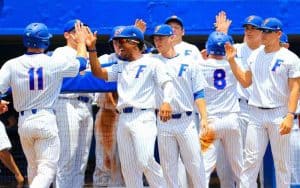 The Florida Gators baseball team celebrating a win