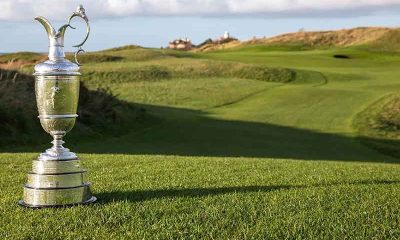 The Claret Jug sitting on The Open Championship golf course