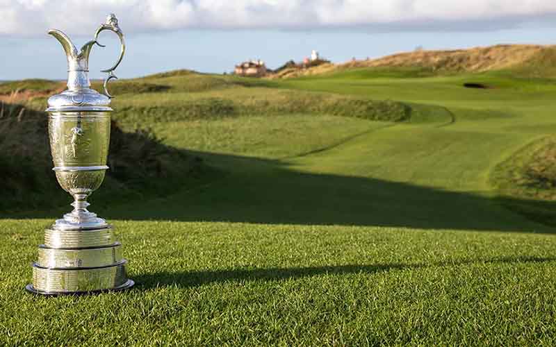 The Claret Jug sitting on The Open Championship golf course