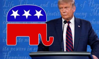 Trump at a debate podium next to a Republican Party logo