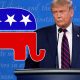 Trump at a debate podium next to a Republican Party logo