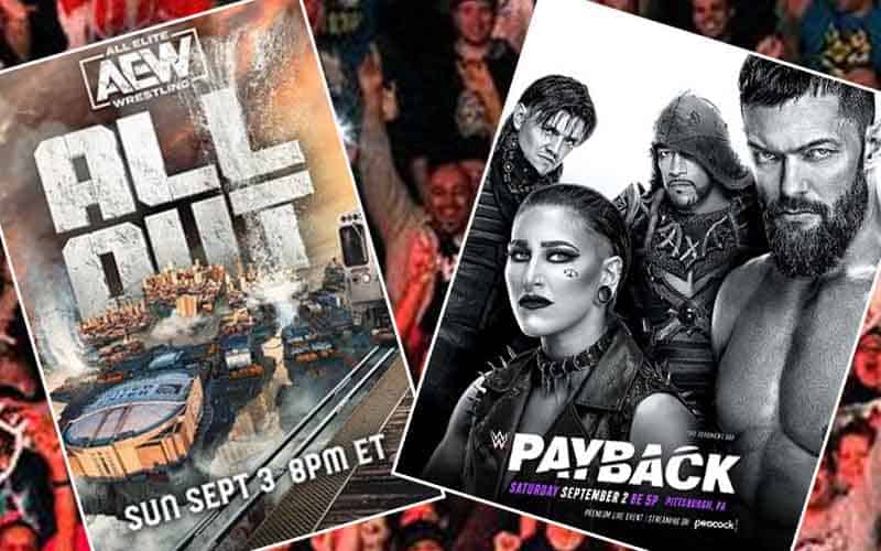 a promo for 2023 AEW All Out and WWE Payback over a crowd of fans