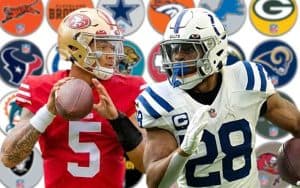 Jonathan Taylor and Trey Lance in front of 32 NFL team logos