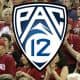 Pac-12 logo over concerned Stanford fans