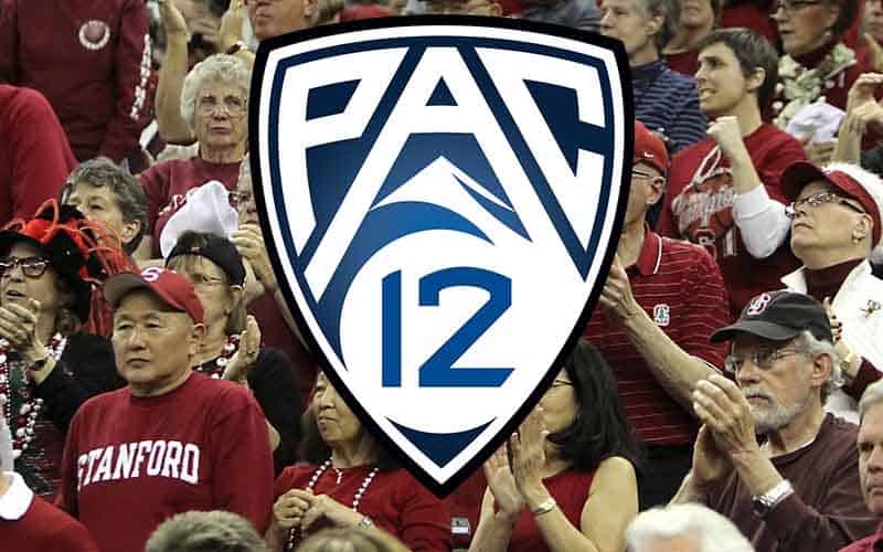 Pac-12 logo over concerned Stanford fans
