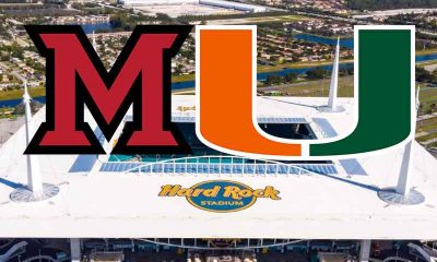Miami of Ohio and University of Miami logos over Hard Rock Stadium